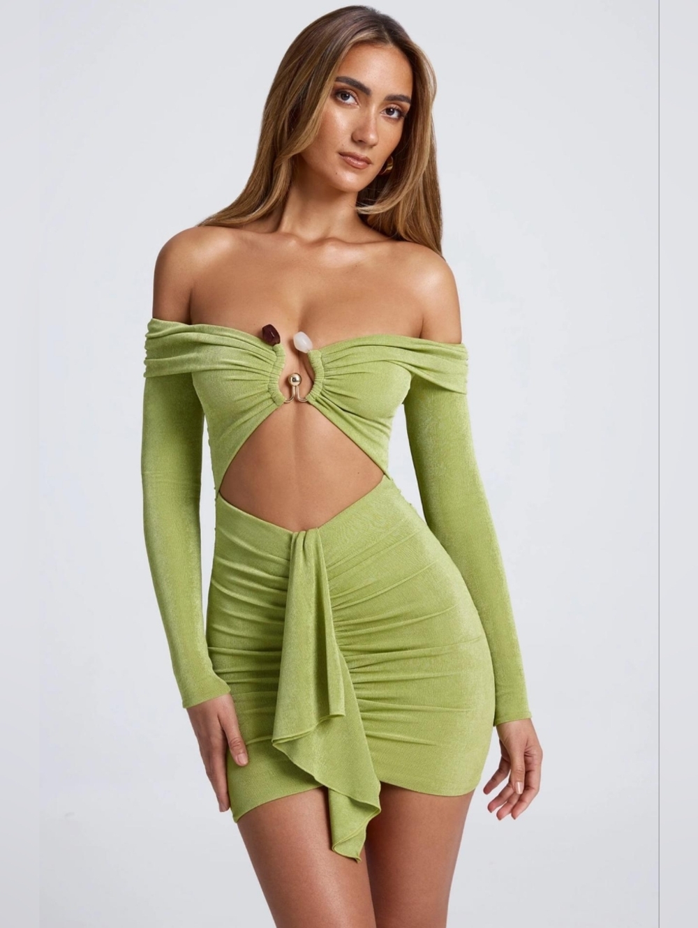 Oh Polly Off Shoulder Mini Dress, Small, Lime Green, Cutout Mini Dress